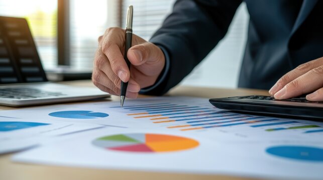 Businessman analyzing financial charts and reports