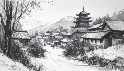 Snow-covered village near mountains and river. Winter village with river flowing beneath mountains. Tranquil snowy village with scenic mountain. Peaceful river village surrounded by winter mountains