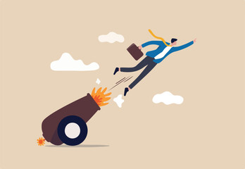 Career boost or job promoted, productivity or advancement in work concept, businessman shot from explosive cannon boosting high to achieve business success. 