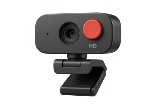 Black webcam with red button showing hd on transparent background