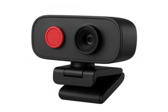 Black webcam with red button on transparent background