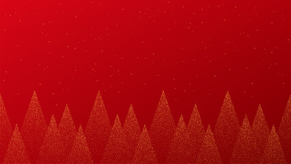 Seamless red Christmas forest background with golden glitter trees and sparkling sky. Winter holiday season decoration for celebration design.