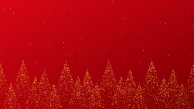 Seamless red Christmas forest background with golden glitter trees and sparkling sky. Winter holiday season decoration for celebration design.