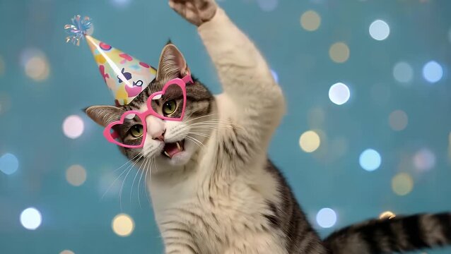 jovial and amusing feline participant of birthday festivity adorned with celebratory headgear and rose-colored spectacles shaped like hearts against azure backdrop
