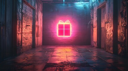 A vibrant neon gift box sign illuminates a dark gritty industrial corridor with reflective wet floors