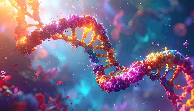 Vibrant, abstract DNA helix in a colorful, dynamic cosmic background. 