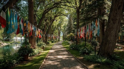 Outdoor flag display during global unity celebration in sunny park