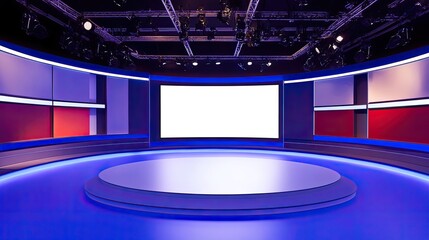 Empty tv studio set with blank screen and blue floor