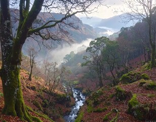 Misty mountain valley, autumnal colors