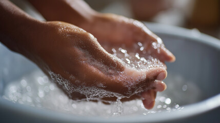 Fototapeta premium Hands create abundant soap foam while washing with sparkling water droplets. 