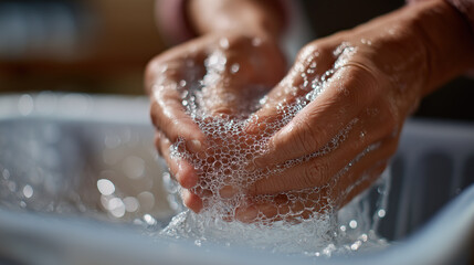 Fototapeta premium Soapy hands demonstrate proper washing technique with rich foam and water splashes.