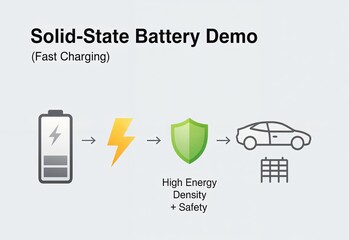 infographic illustrating the advantages of solid-state batteries for fast charging and high energy density, leading to improved safety for use in electric vehicles.
