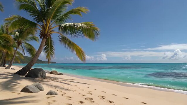 Idealized stretch of shore containing granular particles and tree from the palm family