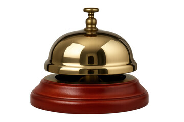 Shiny gold reception bell resting on wooden base with transparent background