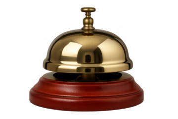Shiny gold reception bell resting on wooden base with transparent background
