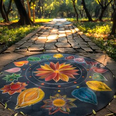 Decorative rangoli inspired mandala design on pavement high resolution picture