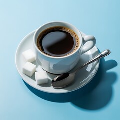 Aromatic Coffee Delight A Cup of Dark Brew with Sugar Cubes and Spoon on a Light Blue Background Perfect for Morning or Afternoon Break