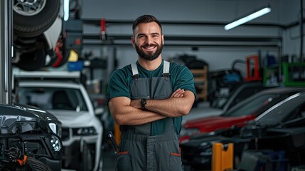 Car mechanic portrait in auto repair garage