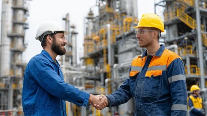 Engineers Handshake at Industrial Site: Two skilled engineers shake hands at an industrial plant, symbolizing collaboration, expertise, and dedication within the manufacturing sector.