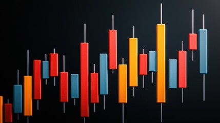 A vibrant candlestick chart displaying market trends, featuring red, blue, and yellow bars against a dark background.