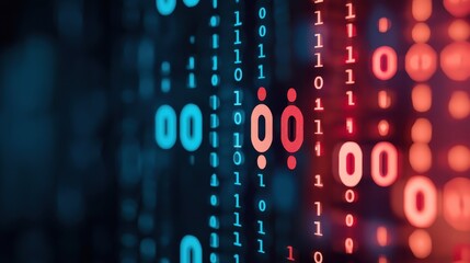 A close-up image showcasing binary code with contrasting blue and red colors, representing data processing and digital technology.