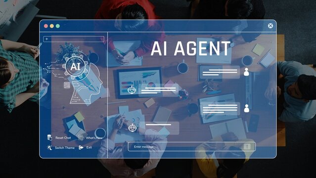 A dynamic team gathers around a modern workspace, exploring AI agent features through a digital interface. The image captures collaboration and innovation in action. Raster