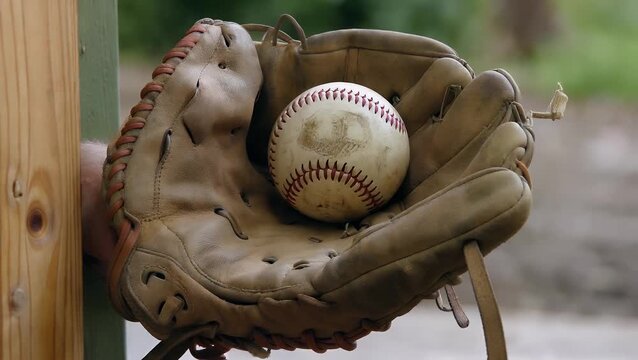 Aged and Weathered Vintage Leather Baseball Mitt and Stitched Sphere on Plain White Backdrop