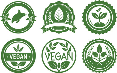 Collection of green circular eco vegan badges and labels with leaf and plant motifs