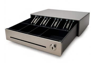 Empty metal cash register drawer opened on transparent background