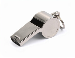 Metal Whistle with Keyring on White Background, Sports Equipment, Referee Tool