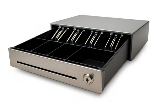 Empty metal cash register drawer opened on transparent background