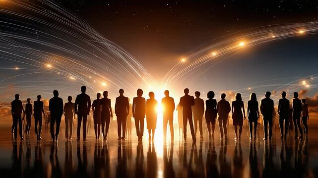 Collective Ascent: A silhouette group of individuals stand in unity against a brilliant sunrise, symbolizing growth, vision, and a bright future for collaboration.