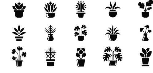 Black plant icons collection, indoor potted plants, houseplants silhouette, decorative foliage symbols, gardening clipart, botanical vector set, nature designs