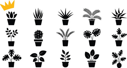 Black plant icon set, indoor houseplants collection, silhouette potted plants, decorative foliage, crown leaf design, modern vector graphic