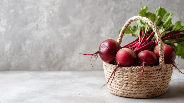 Fresh beetroots in a woven basket on a gray stone background.