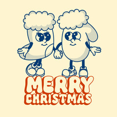 Cozy stocking and mitten Christmas card. Vintage contour style with dot shadows and warm holiday lettering