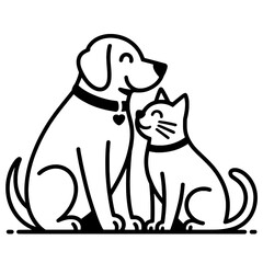 Friendly Dog and Cat Illustration: Black Outline Icons on White Background