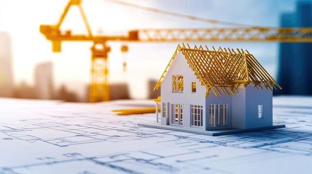 Scale model house on building plans with crane - Powered by Adobe