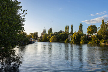 Hampton village and River Thames in early autumn, with Garrick's Temple to Shakespeare amid the trees