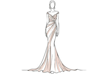 Elegant fashion illustration of a long, flowing gown. Detailed sketch style, perfect for design mockups and fashion concepts. Clean, modern aesthetic.