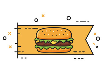 Flat design illustration of a burger sign with a burger icon. Modern, graphic style. Perfect for food branding and advertising.
