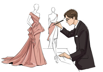 Fashion designer sketches a gown, capturing a creative moment. Detailed illustration showcases design process and elegant garment. Professional, artistic, and visually appealing.