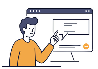 A young man teaches a virtual skill on a computer screen. He points to the screen with a friendly expression, conveying knowledge and digital learning. Modern, clean illustration.