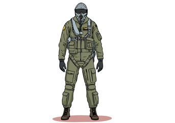A military pilot in full flight suit gear stands confidently. Detailed illustration, modern style, suitable for commercial use.