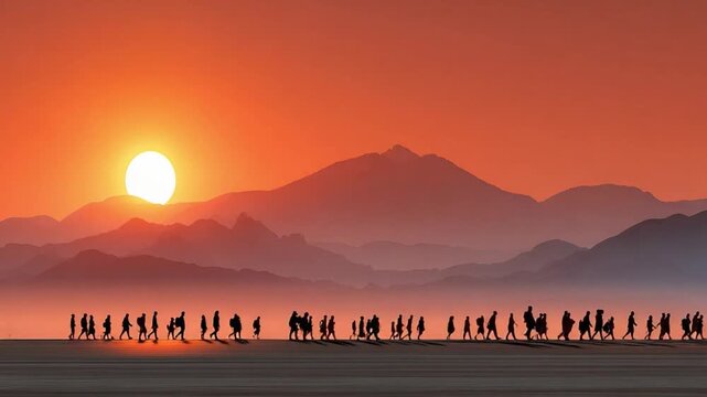 Journey's Silhouette: A serene landscape painting depicting figures embarking on a journey across a barren expanse beneath a vibrant, fiery sunset, encapsulating themes of travel and exploration.