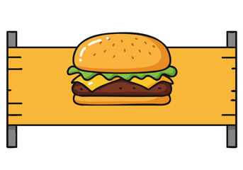 A playful graphic sign featuring a burger within a measuring tape frame. Bold, modern design. Ideal for food branding and advertising.