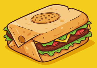 A playful illustration of a wrapped sandwich sign. Bold, bright colors and a clean, modern style make this vector graphic ideal for food marketing or design projects.