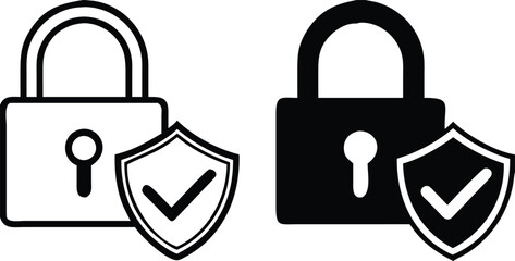 Lock Icons. Black and White Vector Illustration. Padlock and Shield. Cyber Security, Privacy Protection. Concept Protection

