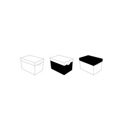 This clean vector graphic depicts three identical storage boxes, presented in black and white outline and solid black variations.