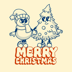 Magical snowman and Christmas tree card. Vintage contour design with dot shadows and festive holiday message